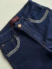 pthirillo Women's Dark Blue Flare Jeans With Butt-Lifting, High Waist And Premium Glitter Rhinestones - 水鑽口袋 前片 後片 - 查看 9