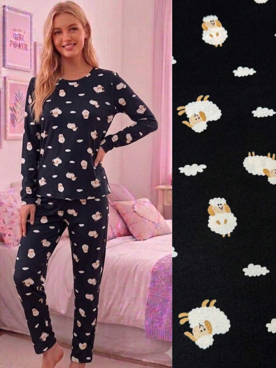Pijama de Inverno Feminino Suede Conjunto Longo Quentinho Macio - Preto e Branco - Visão 1