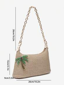 1pc Women's Minimalist Vacation Metal Chain Decor Faux Straw Flower Multi-Decor Large Capacity Handheld Baguette Bag Suitable For Outings, Dates, Commuting, Vacation - Camel - View 6