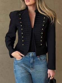 Vintage Military Style Gold Button Short Blazer, Women's Stand Collar Padded Shoulder Elegant Black Short Jacket, Fashionable Evening Outerwear - Black - View 4