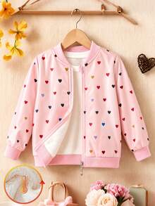 Girls' Casual Fashion Heart Print Drop Shoulder Zip-Up Thermal Lined Long Sleeve Jacket, Autumn/Winter - Pink - View 1