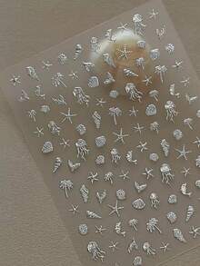 1片金屬銀色美甲貼紙，3D浮雕海洋生物與貝殼設計，優雅海洋風美甲裝飾貼紙 - 彩色 - 查看 7