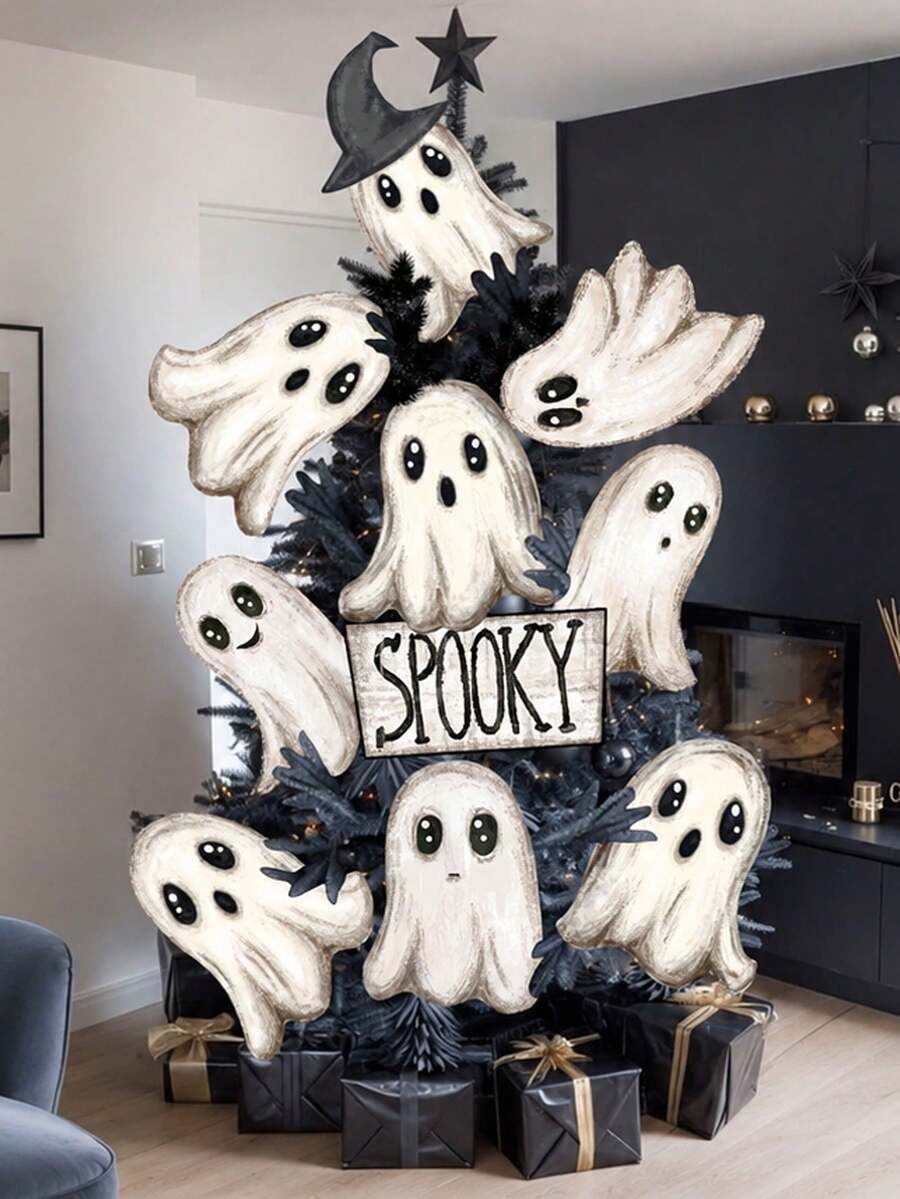 10pcs Halloween Scary Ghost Tree Hanging Ornaments, Cute Ghost Decorations, Suitable For Home, School, Office, Vase, Indoor Decor, Halloween Tree Top Decoration, Halloween Outdoor Decoration, Ghost Theme Party Supplies, Halloween Theme Party Supplies - Multicolor - View 1
