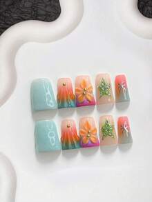 10pcs Island Vacation Style Handmade Press-On Nails, Polygel Nail Art Set, Five-Petal Flower Design, Star Pattern, Blue, Orange And Green Nail Polish, Casual Style, Includes Nail Tools, 3 Sizes Available, Almond Shape, Duck Shape, Coffin Shape, Suitable For Party, Dancing, Daily Wear - 彩色 - 查看 14