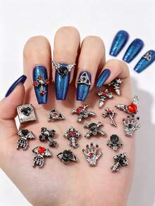 10pcs Dark Gothic Style Alloy Cross Nail Art Charms, European And American 3D Glitter Skull & Heart Nail Gem Decorations, Rhinestone Nail Accessories, Y2K Multi-Functional DIY Nail Decor, False Nail Art Supplies, Summer Nail Art Accessories - Multicolor - View 4