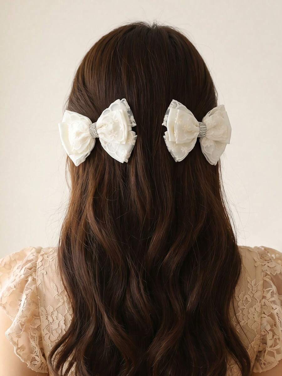 2件/6件裝 女童網紗水鑽蝴蝶結髮夾組合套裝,適合日常裝飾 - 彩色 - 查看 1