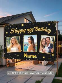1pc Customizable Photo, Name, Year Black & Gold Glitter Happy Birthday Banner Background, Personalized Gold Glitter Birthday Party Name Decor, Suitable For Cake Table, Photography Backdrop, Vinyl Material - Black Gold - View 4
