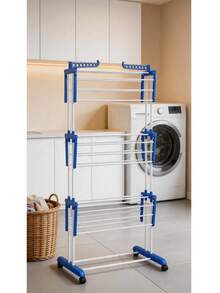 Foldable 3-Tier Drying Rack With Wheels, Large Capacity Laundry Rack, Home Storage Helper - Blue and White - View 4