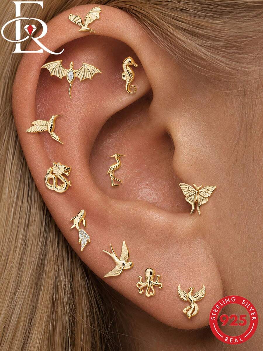 EleRunis 1pc 925 Sterling Silver Ocean Animal Flat Back Labret Earring, Shell Helix/Cartilage/Conch Spiral Piercing Stud, Punk Style Delicate Jewelry, Suitable For Daily Wear And Party
