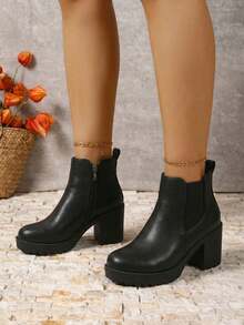 Women's Chunky Low Heel Chelsea Ankle Booties, Fashion Platform Fall Boots With Side Elastic Panels - 黑色 - 查看 3