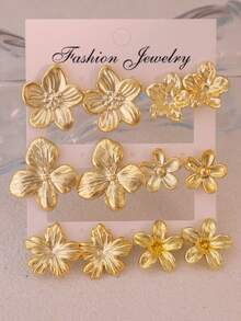 1/6 Pairs Women's Fashion Gold Flower Design Vintage Premium Stud Earrings Set, Suitable For Daily Wear, Travel, Vacation, Best Gift For Family And Friends - Gold - View 4