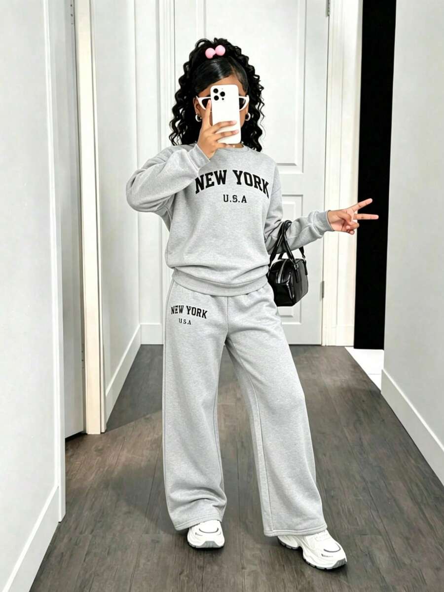 女童綠色秋季開學休閒寬鬆字母印花落肩運動衫與彈性腰長褲運動褲2件套