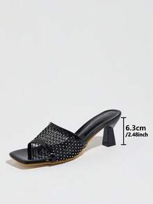 Women's High Heel Spring/Summer Night Party Outdoor Fashion Socialite High-End Banquet Patent Kitten Heel Mid-Heel Square Toe Shiny Breathable Piped Rhinestone Mesh Fashion Exhibition High-Quality Soft Mirror Material Sexy Mule Slip-On Elegant Noble Shoes Outdoor Shopping Travel Avant-Garde Slippers Popular Women's Style Minimalist High-End Comfortable Stable Kitten Heel Sandals - Black - View 4