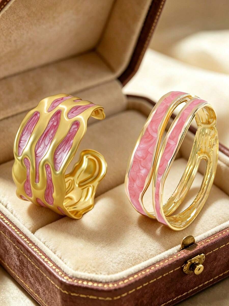 2 piezas Conjunto de brazaletes minimalistas de estilo empresarial con esmalte, onda asimétrica y hueco, pulsera de acero inoxidable adecuada para el atuendo diario de las mujeres, fiesta, ocasión formal, viaje al trabajo, ropa de negocios, regalo para amigos - Amarillo Oro - Ver 1