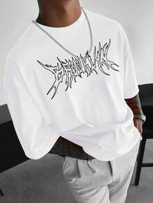 [Spedizione gratuita] Maglietta casual da uomo Manfinity a girocollo a maniche corte con stampa di lettere, streetwear, stile rapper, per uscire, stile anni 2000 - Bianco - Visualizzare 1