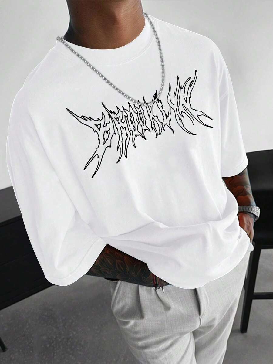 [Spedizione gratuita] Maglietta casual da uomo Manfinity a girocollo a maniche corte con stampa di lettere, streetwear, stile rapper, per uscire, stile anni 2000 - Bianco - Visualizzare 1