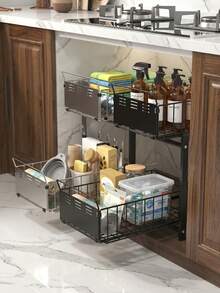 Double Layer Pull-Out Kitchen Cabinet Storage Rack, Under Sink Sliding Organizer With Raised Anti-Drop Guardrail,Pull-Out Basket Greatly Improve Access Efficiency Of Deep Cabinet Goods,Great For Compact Kitchen And Family Daily Cooking Storage Use. - Multicolor - View 12