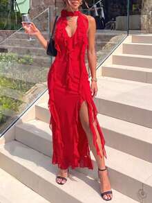 Women's Sleeveless Halter Maxi Dress With Ruffles, Open Back, Fitted Waist & High Slit For Summer/Fall Parties, Weddings & Proms - Red - View 6