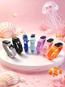 2026新款 7件組兒童海洋系列LED觸控螢幕電子錶，TPU錶帶，附可愛卡通3D圖案吊飾，7色組合，時間與日期顯示，適合生日、聖誕、節日禮物、日常配戴、學校與運動 - 彩色 - 查看 3