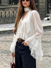 Women's Neckline Tie Bell Sleeve Ruffle Tulle Top, Bohemian Style Loose Fit White - White - View 6
