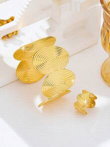 2pcs/Set Geometric Spiral Pattern Open Bangle Bracelet & Ring Set For Women, Fashionable, Suitable For Beach, Vacation, Party, Banquet, Daily Wear - Yellow Gold - View 2