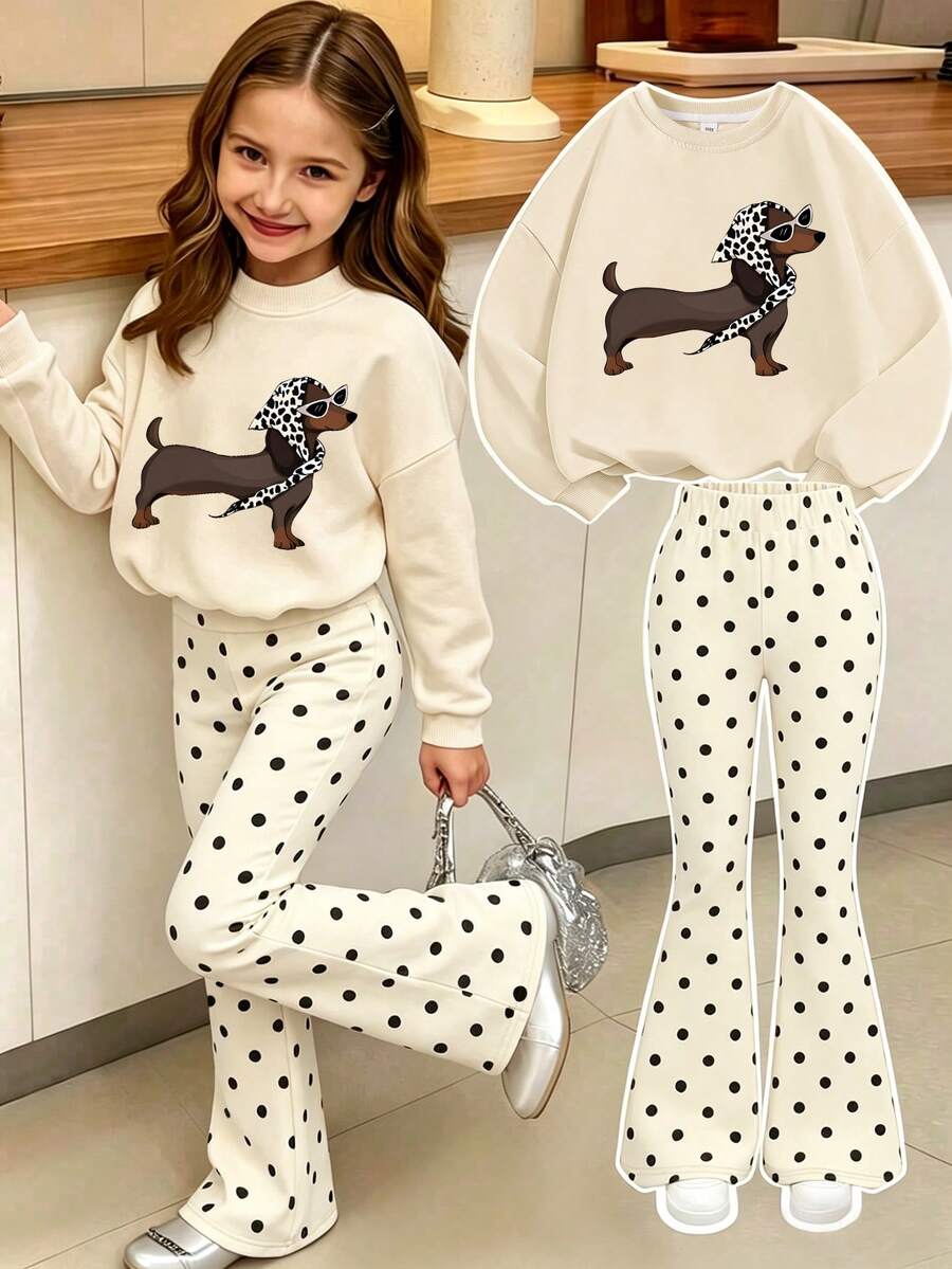 2pcs/Set Girls Sweatshirt + Polka Dot Flare Pants Outfit, Cartoon Dachshund Print, Soft Casual Set - Apricot - View 1