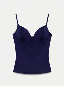 Glossy Fabric Knitted Satin Stretch Cami Sexy Tank Top Casual Summer - Navy Blue - View 3