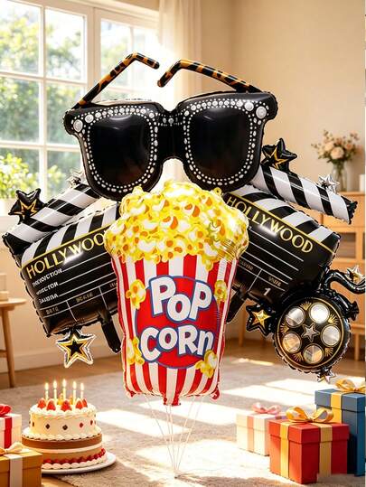 Conjunto de 5 balões com tema de cinema, inclui balões em forma de pipoca, óculos de moda e câmara, enchíveis com hélio, adequados para festa, festa de aniversário, evento com tema de cinema, época de formatura, noite de cinema em casa, decoração de sala de KTV, festa de visualização dos Óscares, festa de visualização dos Óscares