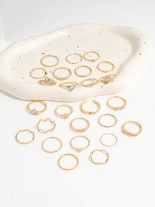 25PCS INS Style Rhinestone Heart Twisted Asymmetrical Thin Ring Set, Heart Rhinestone Braided Wave Rings For Women - Gold - View 4