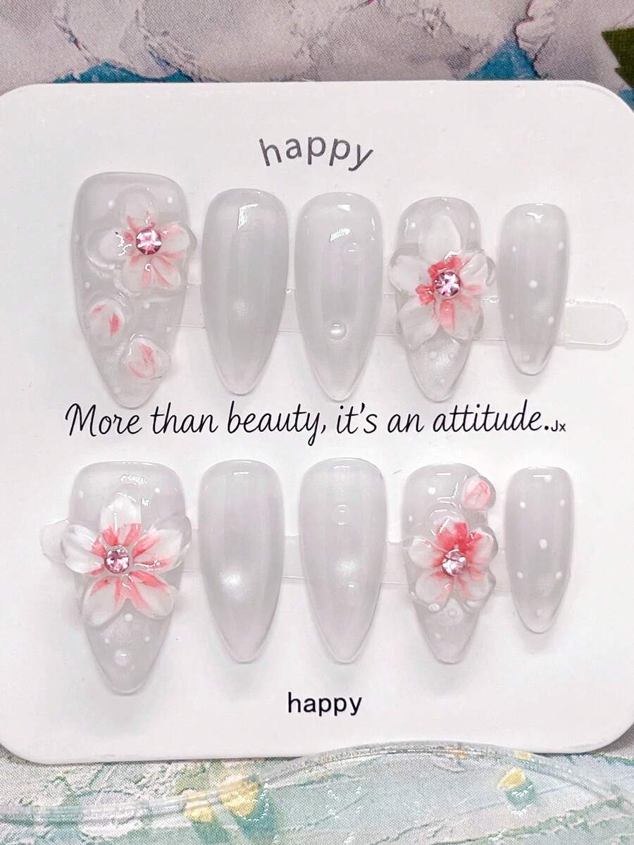 10 Stück handgefertigte Press-On-Nägel, lange Acryl-Kunstnägel in Mandelform, realistisches Set mit Sommer-Eiseffekt, 3D rosa Kirschblüte, Glasperlen und Cat-Eye, transparente weiße Nagelspitzen mit feinen Polka Dots, wiederverwendbar, für Damen - Follow Your Heart - Übersicht 1