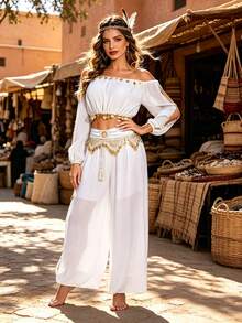 Belly Dance Performance Costume Off-Shoulder Chiffon Top + Coin Harem Pants, Handmade Style Festival Outfit Suitable For Fusion, Exotic Theme Events And Renaissance Fairs (Multiple Colors Available) - Multicolor - View 10