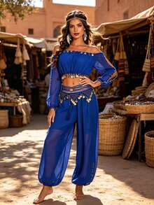 Belly Dance Performance Costume Off-Shoulder Chiffon Top + Coin Harem Pants, Handmade Style Festival Outfit Suitable For Fusion, Exotic Theme Events And Renaissance Fairs (Multiple Colors Available) - Multicolor - View 12