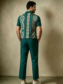 Men's American Retro Totem Print Short Sleeve Shirt & Cropped Pants 2 Piece Set, Classic Polo Collar Half Zip Up Short Sleeve Shirt, Casual Matching - 混合色 - 查看 4
