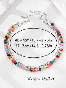 2pcs Cute Colorful Dopamine Style Metal Multi-Color Beaded Chain Necklace Set For Women Casual Wear - Multicolor - View 4