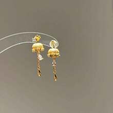 Court Style 18K Gold Plated Brushed Lily Of The Valley Water Drop Zirconia Tassel Earrings And Pendant Necklace Women's Jewelry Set - Gold - View 3