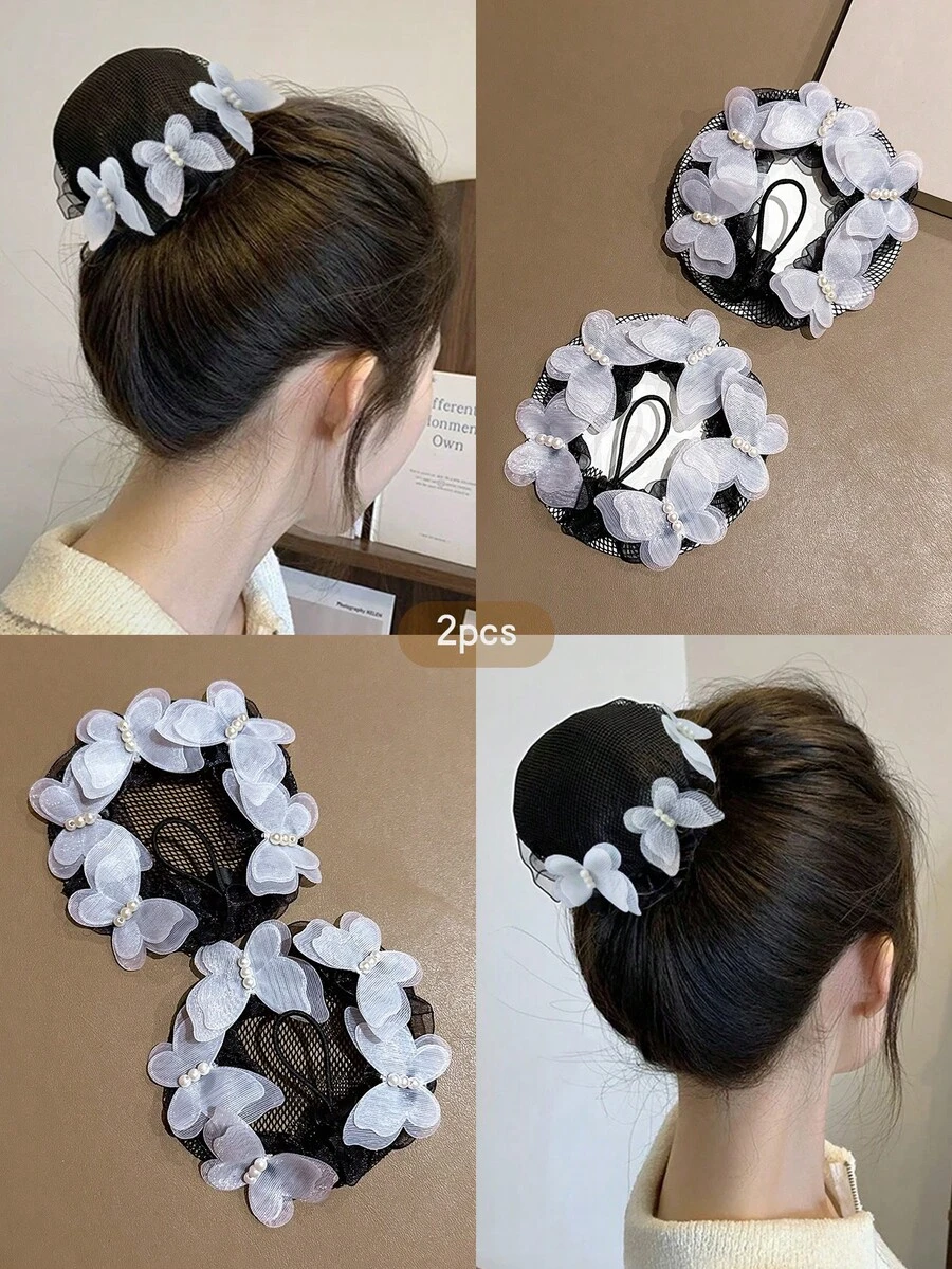 2pcs White Butterfly Hair Net Simple Style Hair Tie Performance Dance Headpiece Ponytail Elastics Rubber Bands