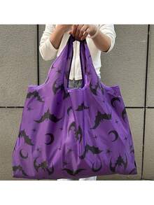 1pc Halloween Purple Bat Bag, Halloween Decoration Bag, Foldable Oxford Cloth Shopping Bag, Portable Storage Bag, Large Supermarket Grocery Bag, Suitable For Holiday Decoration And Home Decor - Multiple Styles - View 6
