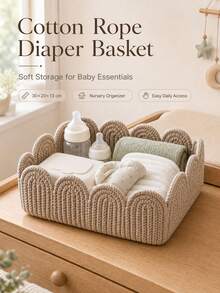 A Rectangular Woven Storage Basket With Wavy Arched Lace Trim, Featuring Soft, Rounded Edges To Protect Baby Items. Ideal For Organizing And Storing Baby Diapers, Wipes, Bottles, And Changing Table Supplies. - Multicolor - View 1