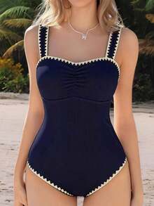 Swim Mod Traje de baño de una pieza de unicolor y elegante con acanalado, atuendo de playa para el verano - Azul marino - Ver 1