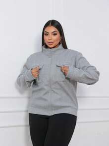 Women's Wool Coat With High Neck, Zipper And Pockets, Casual Winter - Light Grey - View 6