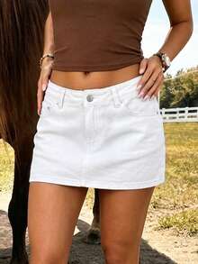 Women's Solid Color Casual Minimalist Pocket Denim Mini Skirt - White - View 4