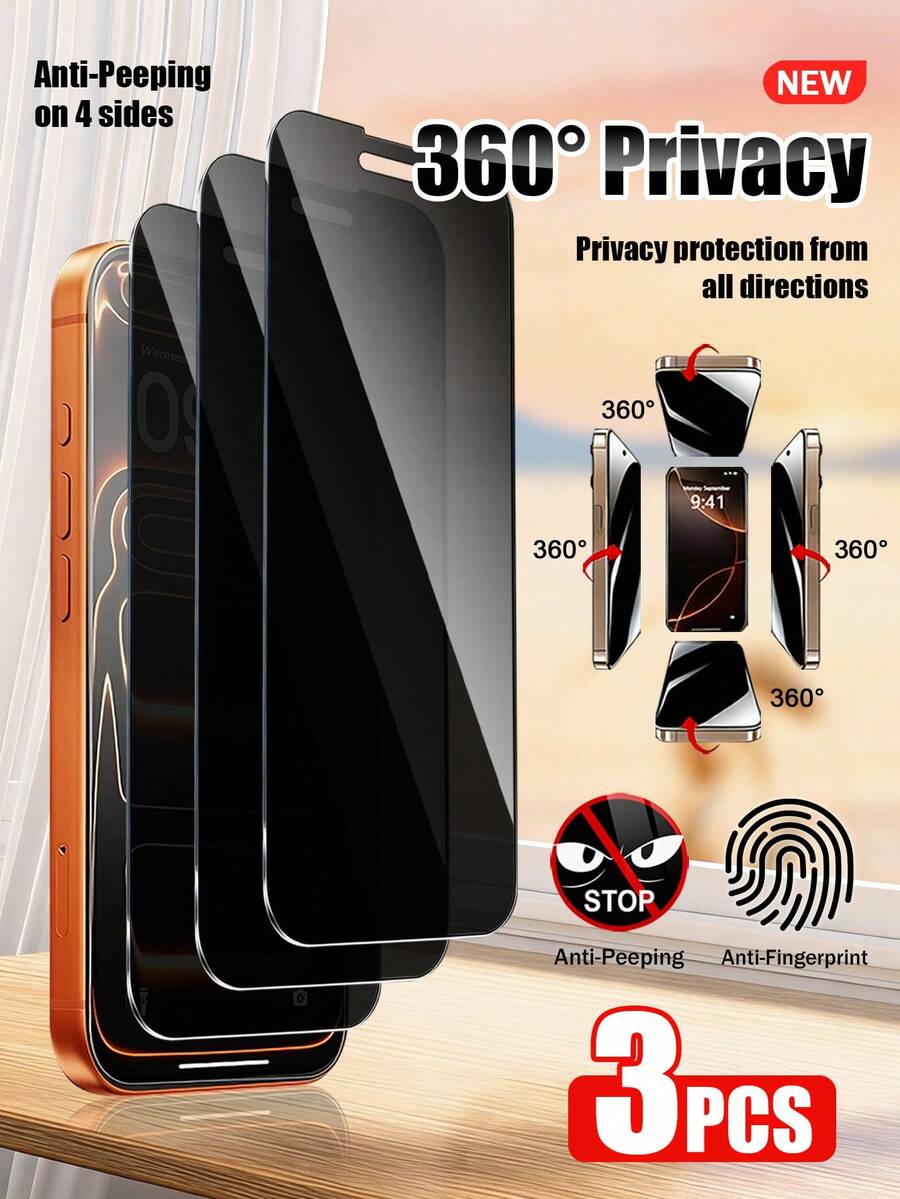 Yezodawee 3片裝 4向360°隱私螢幕保護貼,強化玻璃防偷窺膜,適用於 iPhone 18 Pro Max 17 Pro Max/17 Pro/17 Air/17/16 Pro 6.3",全螢幕覆蓋4向隱私遮蔽,兼容 Face ID,耐刮損,全方位防偷窺螢幕保護貼 - 黑色 - 查看 1
