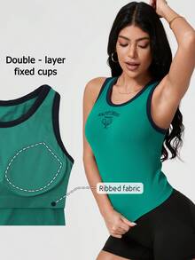 Leorrey One PC Women's Sweet Color Block Sleeveless Round Neck Ribbed Letter Print Running Fitness Exercise Sports Vest (For Running, Tennis, Badminton) - Green - View 2