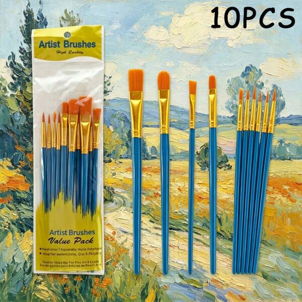 10pcs Professional Artist Brush Set - High Quality Nylon Bristles, Suitable For Acrylic, Oil, Watercolor With Multiple Shapes - Perfect For Master Artists And Beginners. 7 Colors Available