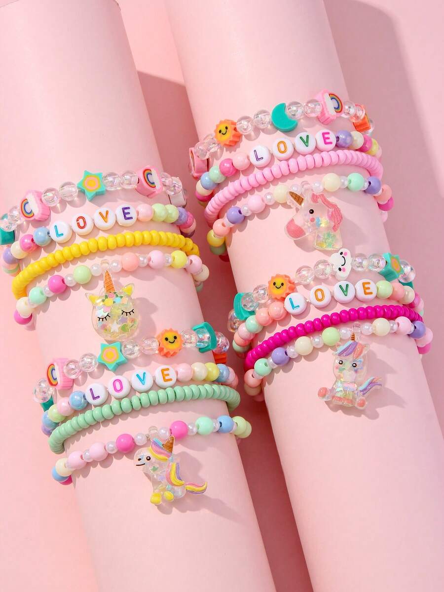 4pcs/Set Girls Cute Unicorn Pendant Bracelet Set, Suitable For School, Daily Wear And Festivals, Random Colorful Beads - Multicolor - View 1