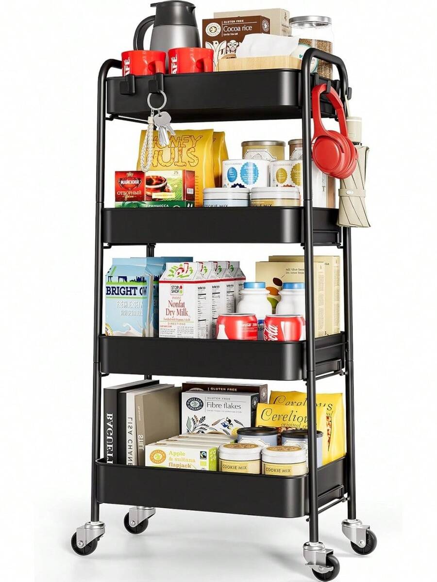 Black Four-Tier Rolling Shelving Trolley, Portable Mobile Organizer & Bookshelf For Whole-House Storage Needs(12.59*8.27*3.94in)