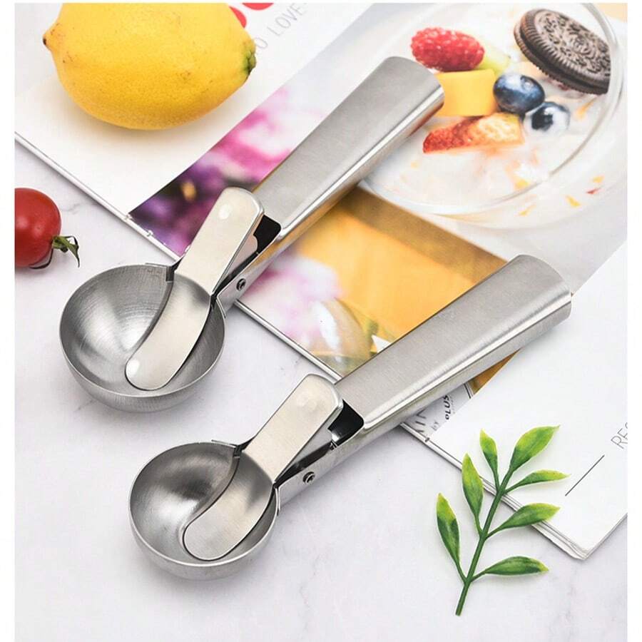 2Pcs Multi-Functional Stainless Steel Ice Cream Scoop, Trigger Design Ice Cream Dipper, Multipurpose Scooper For Cookie, Watermelon, Fruit, Kitchen Gadgets, Household Food Spoon Tools For Home Daily Use - Ice Cream Scoop - View 1