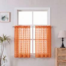 1pc White Cute Pom Pom Semi-Sheer Curtain, Rod Pocket Style, 3D Pom Pom Embroidery Design, Light-Filtering Non-See-Through Curtain, Soft Washable Polyester Material, Suitable For Bedroom, Living Room, Kitchen, Office And Dorm Home Decor - Orange - View 9