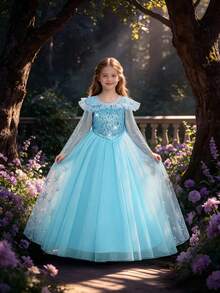 Prinzessinnenkleid für Kleine Mädchen mit Schneeflocken-Pailletten-Cape, langärmeliges Tüll-Puff-Prinzessinnenkleid, geeignet für Partys, Stirnband nicht enthalten - Blau - Übersicht 2