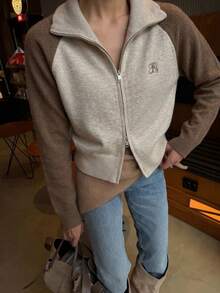 秋冬韓系拼色拉鍊字母圖案上衣，長袖短版女款開襟外套 - 咖啡棕 - 查看 6
